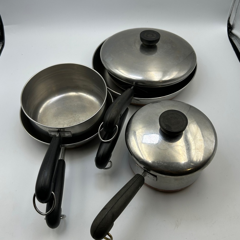 Revere Ware Cookware Set 5pc Silver Copper Bottom Vintage Kitchen Retro Core